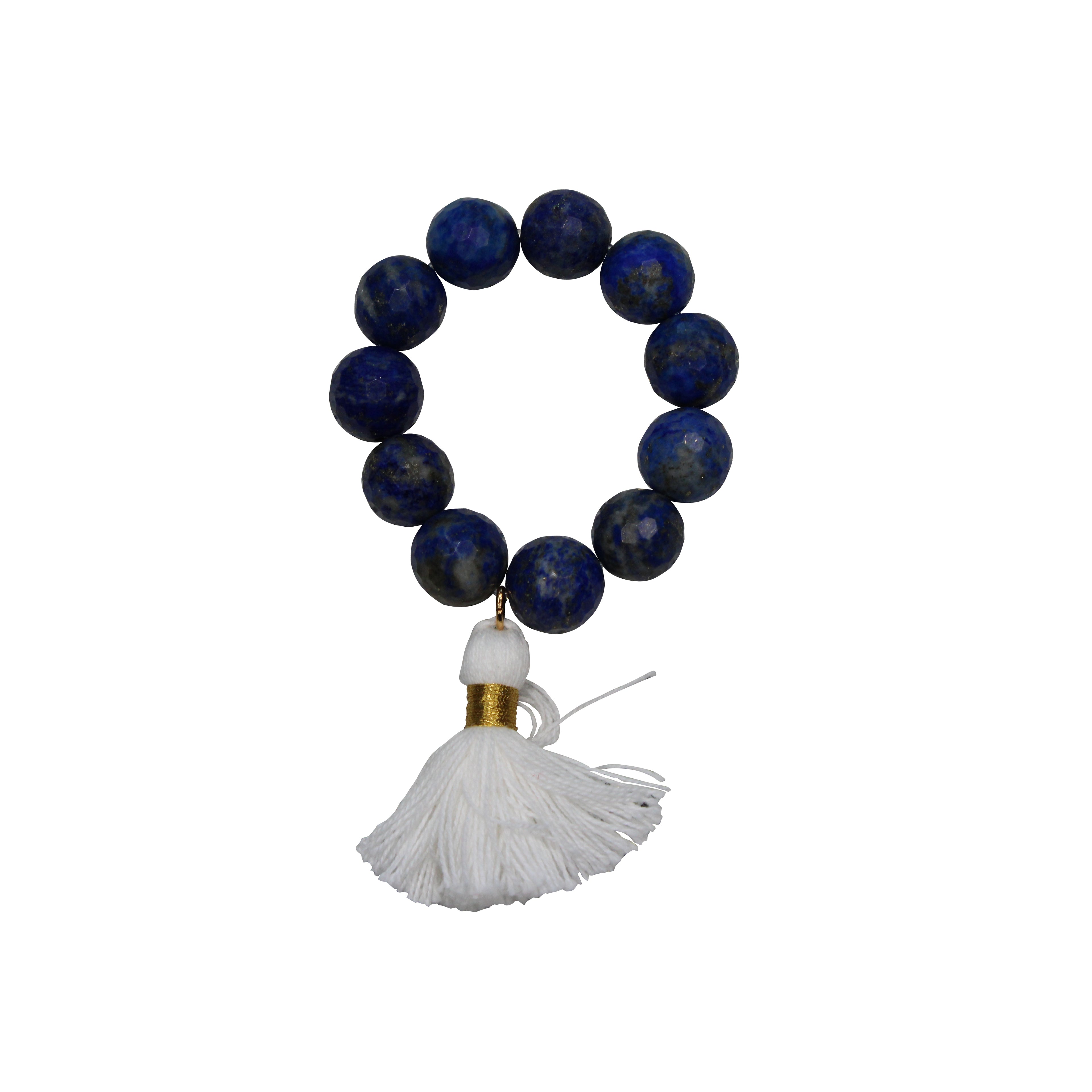 Lapis semiprecious stone napkin ring with cotton white tassel (set of 4)