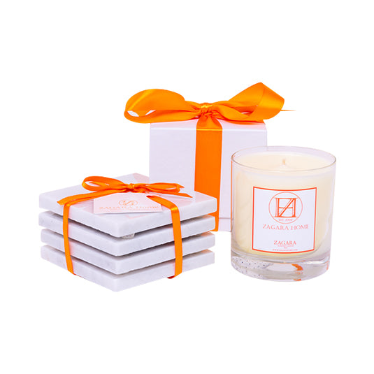 CARRARA MARBLE COASTER SET &amp; PETITE CANDLE