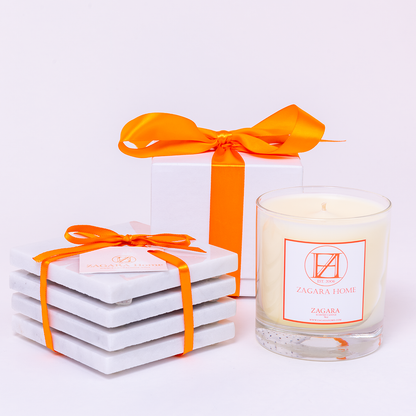 CARRARA MARBLE COASTER SET &amp; PETITE CANDLE